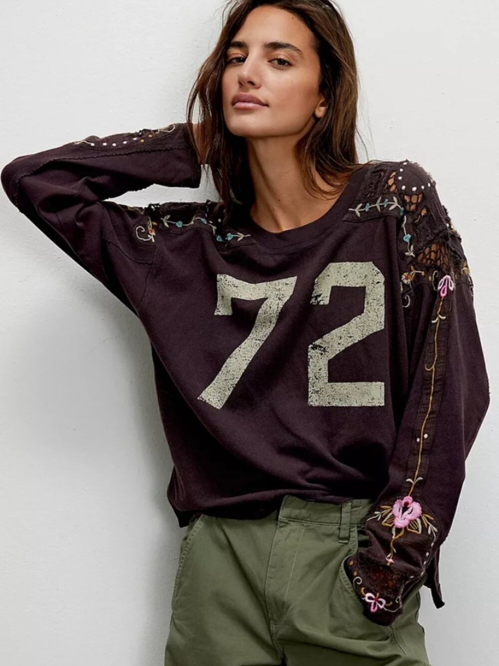 Free People We the Free Lilith Embroidered Long Sleeve Tee XS Chocolate